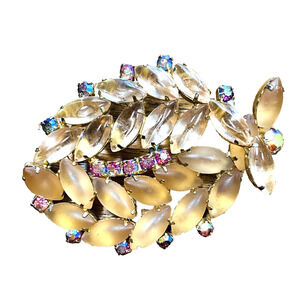 Vintage Mid Century Brooch Goldtone Blush Pink Moonglow AB Rhinestones Statement